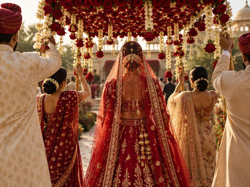Bridal arrival beneath a floral canopy