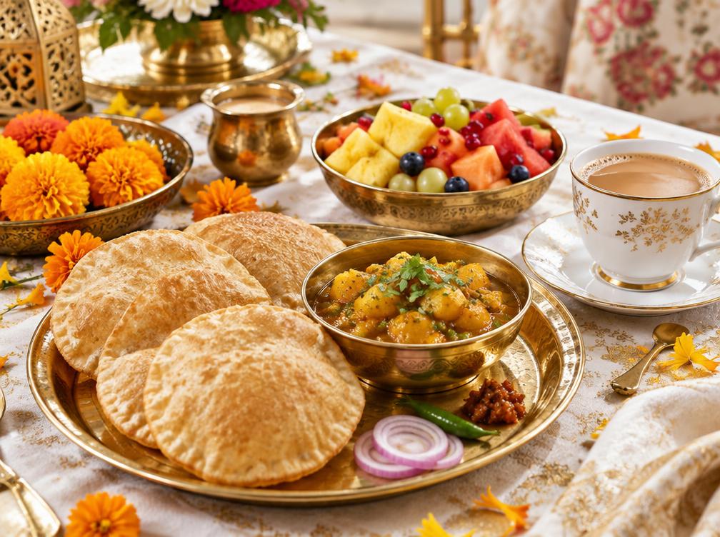 Fresh breakfast with poori, fruit and chai
