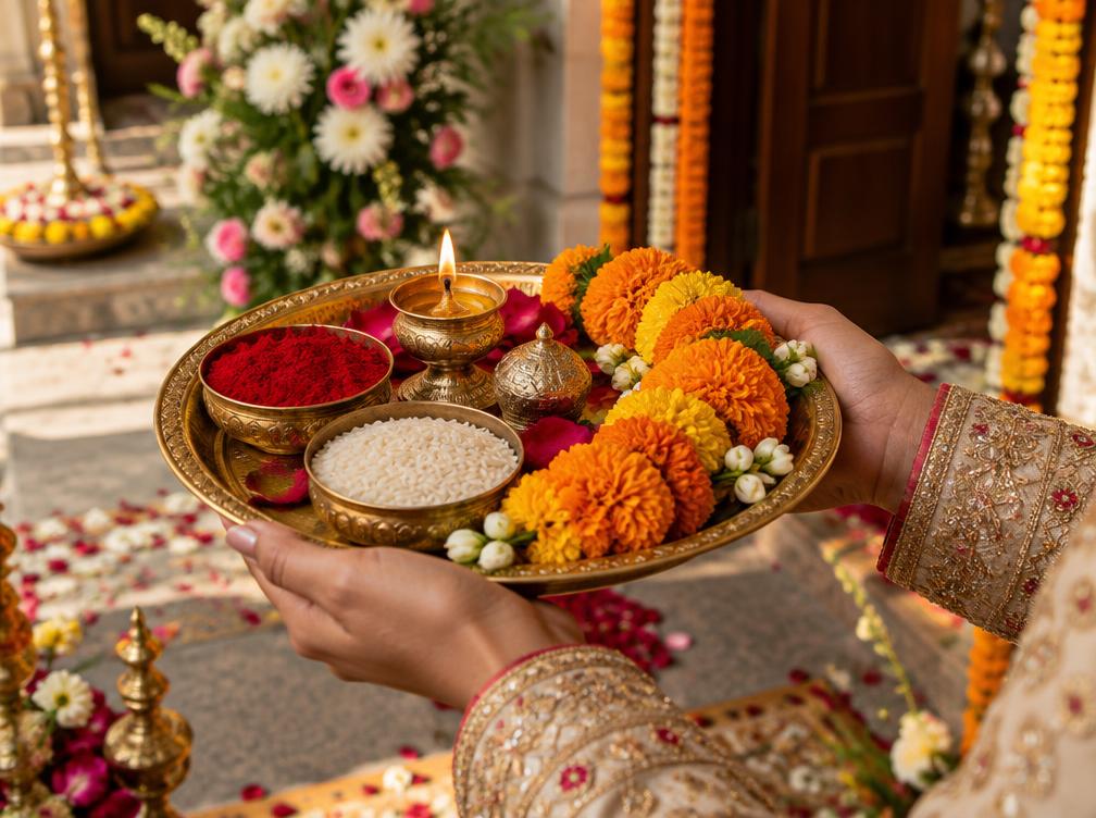 Ceremonial welcome tray with diya and marigolds